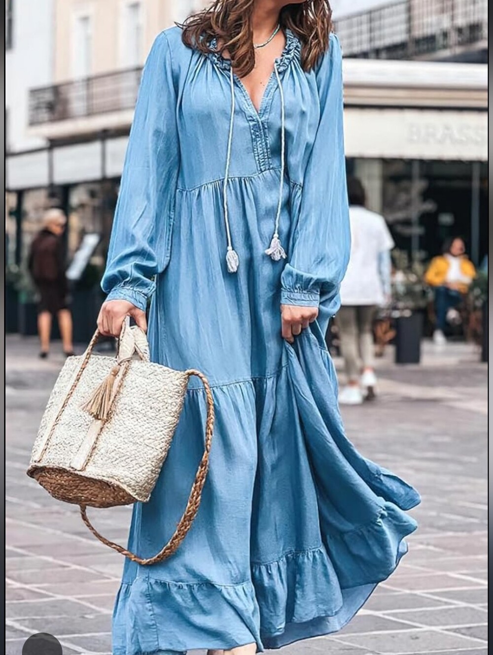 Women's Long Sleeve Tiered Denim Dress Flowy A-Line Maxi Long Dress Small Cotton